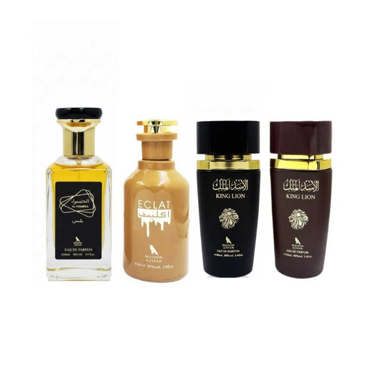 Maison Azhar Pack X4 100Ml Al Hambra, Eclat, King Lion Black, King Lion Brown)